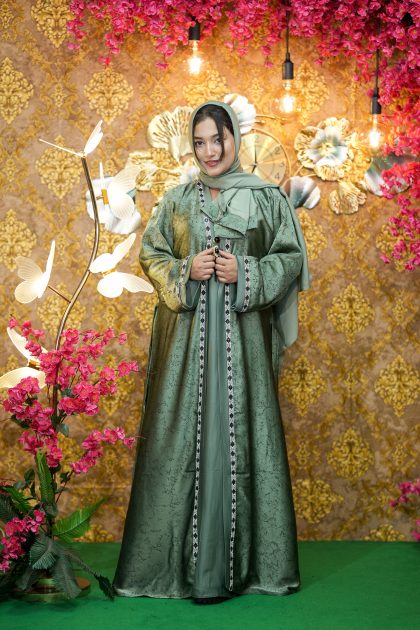 Crystal Print Abaya Borkha - Olive Colour